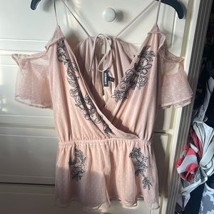 Express tan embroidered open shoulder night out blouse